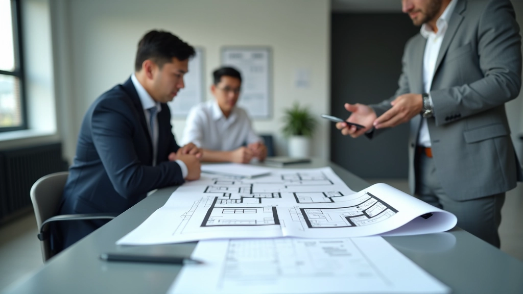Agente inmobiliario mostrando plano de oficina a cliente empresario en sala de reuniones